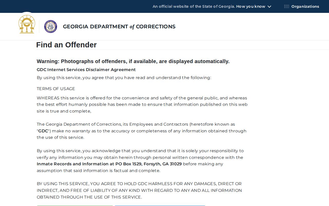 Georgia Department of Corrections offender query form used for Turner County state offenders