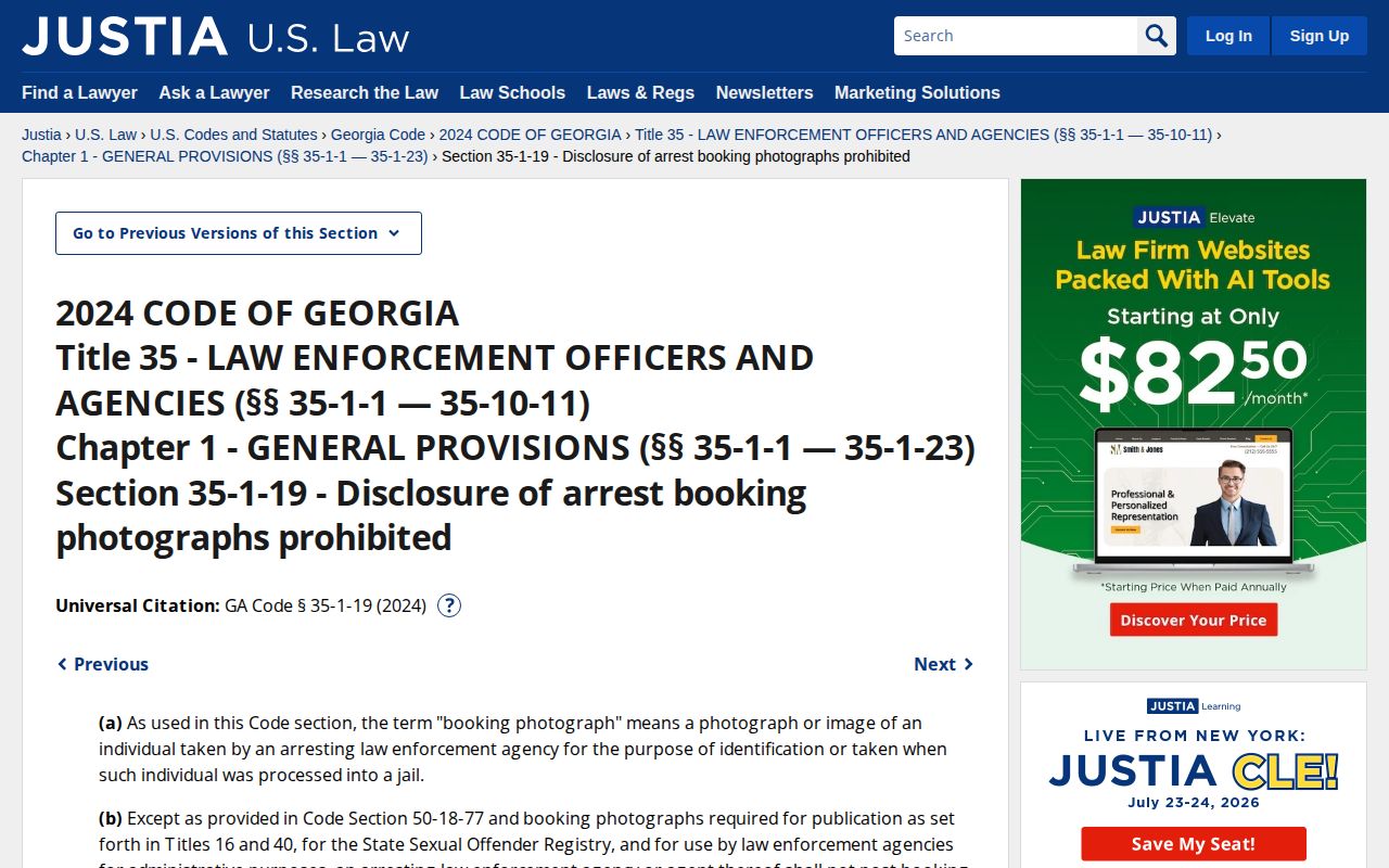 Georgia Code section on law-enforcement disclosure of arrest booking photographs
