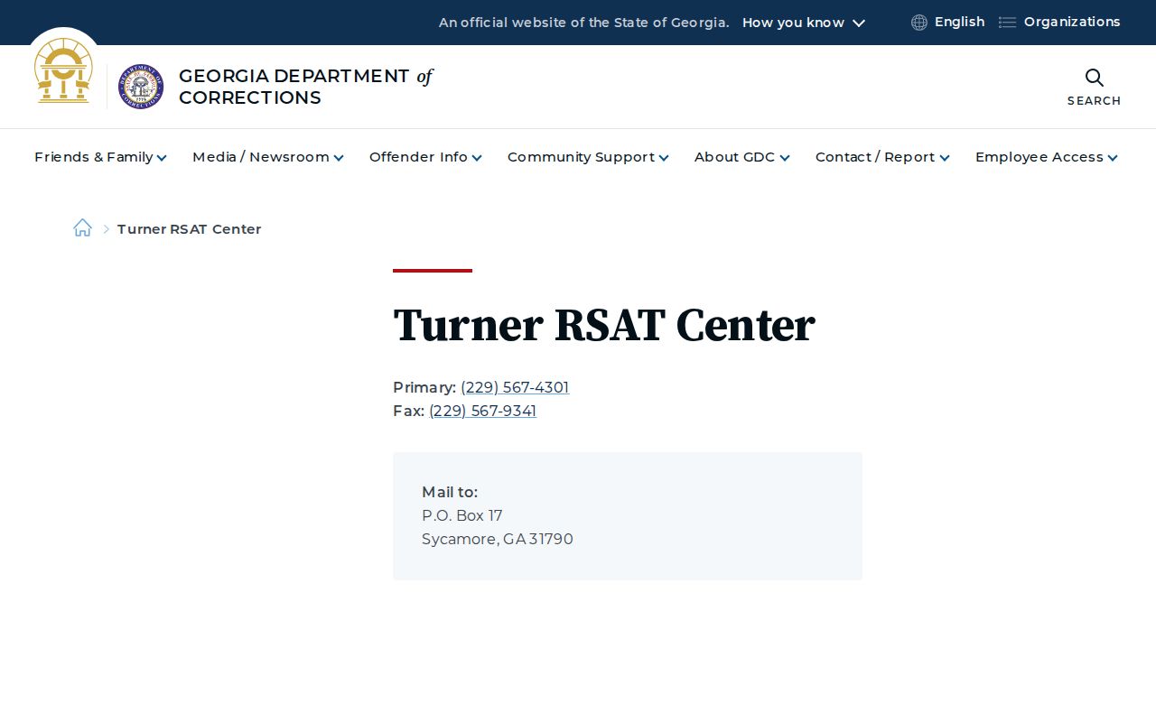 Georgia Department of Corrections Turner RSAT Center contact page